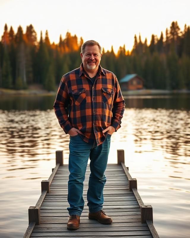 Outfitter owner standing on his lakeside dock at daybreak
