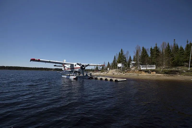 Un hydravion est amarré au quai près du chalet et de la forêt.
