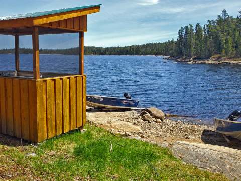 View of the lake from the outdoor shelter near the cabin.