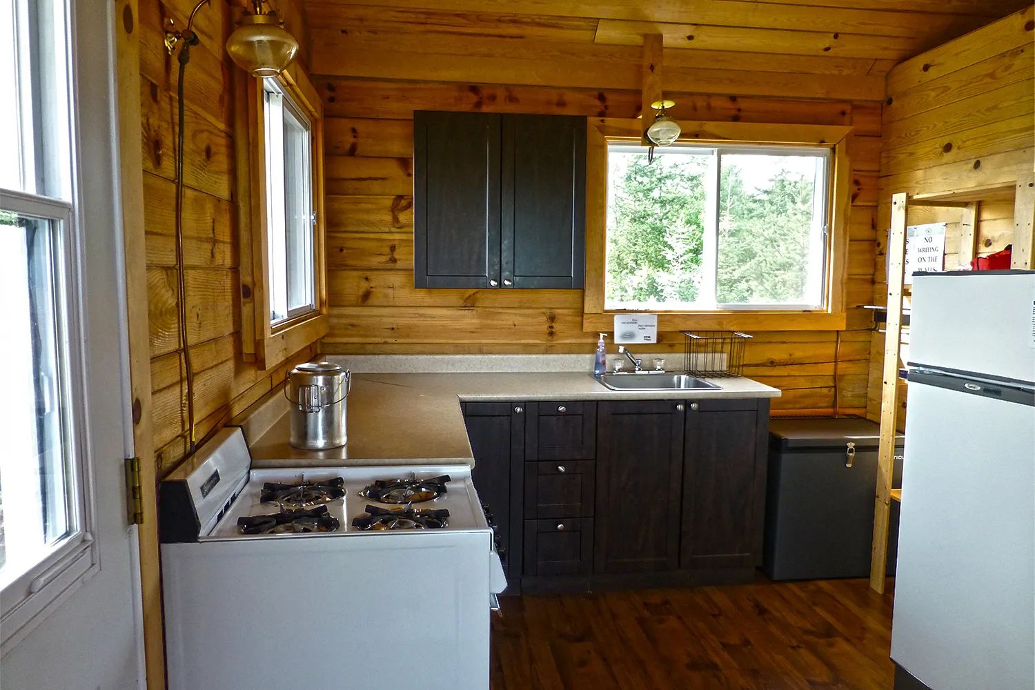La cuisine équipée du chalet dispose d'une cuisinière, d'un réfrigérateur et d'un évier fonctionnel.