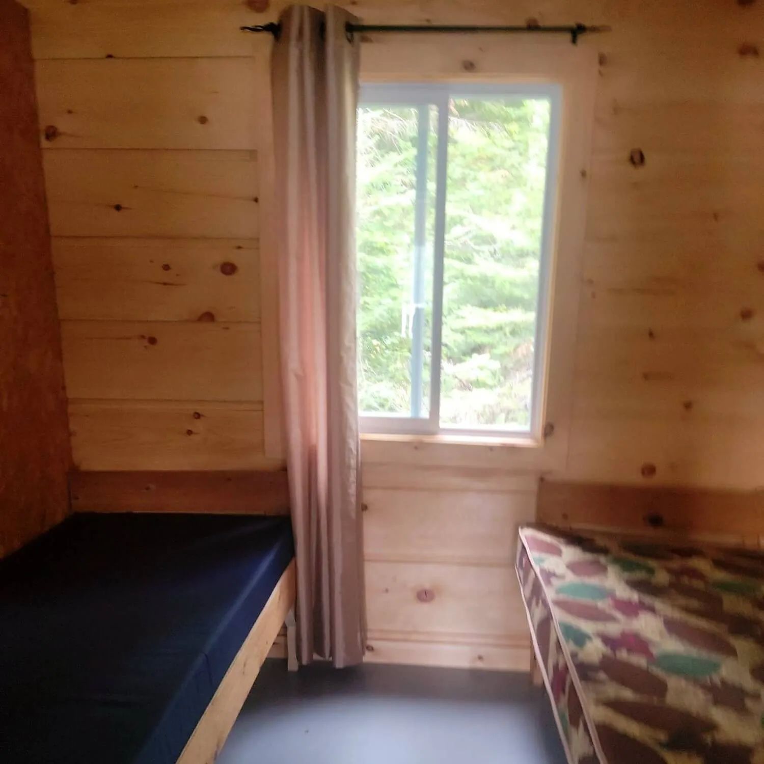 Vue de l'intérieur d'une chambre avec murs en bois et deux lits simples.