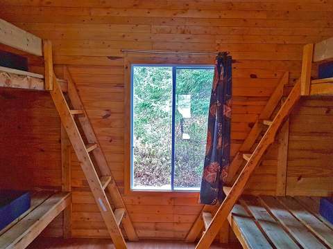 Cette chambre de chalet comprend deux lits superposés en bois avec vue sur la forêt.