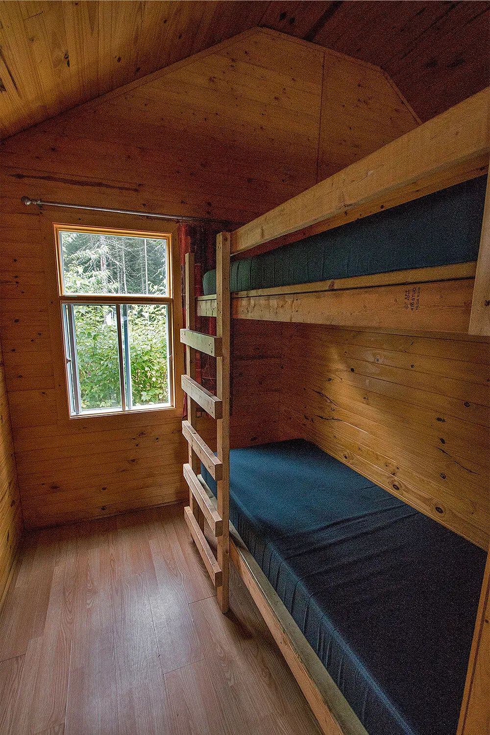 Cette chambre de chalet comprend un lit superposé en bois et une fenêtre donnant sur la forêt.