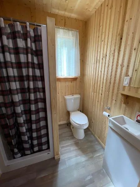 La salle de bain du chalet comprend une douche avec rideau, une toilette et un lavabo.