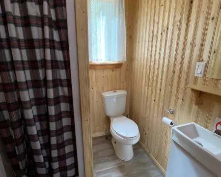 La salle de bain du chalet comprend une douche avec rideau, une toilette et un lavabo.