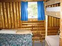 This rustic cabin bedroom features single beds and log walls.