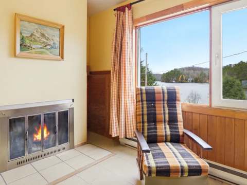 Le salon du chalet offre un foyer et une vue sur le lac.
