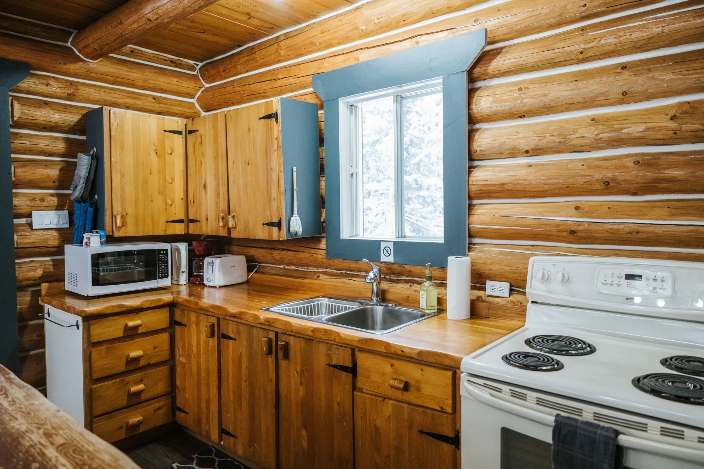 La cuisine équipée du chalet en bois rond dispose d'un évier et d'appareils fonctionnels.