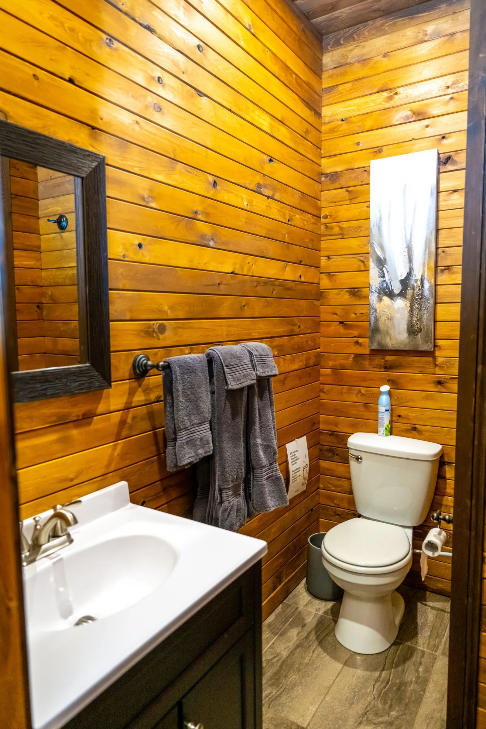 La salle de bain du lodge présente des murs en bois lambrissé et une décoration moderne.