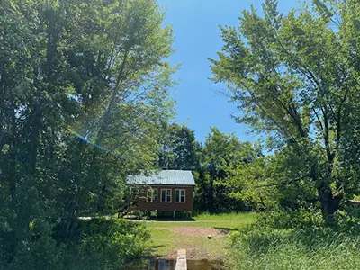 The Lièvre et de la tortue cabin is surrounded by mature trees on a beautiful sunny day.