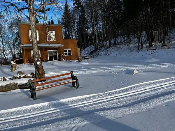 Vue hivernale sur l'extérieur du chalet et son terrain enneigé avec banc de parc.