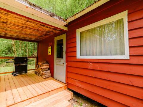 A covered deck with a barbecue and firewood is accessible in front of the cabin.