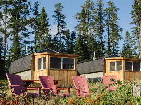 Chaises de détente devant les chalets en bois entourés de forêt.