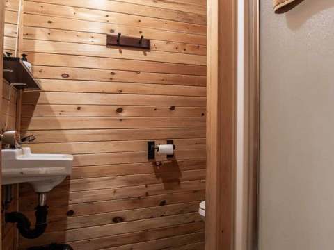 La salle de bain du chalet avec murs en bois, lavabo et douche.