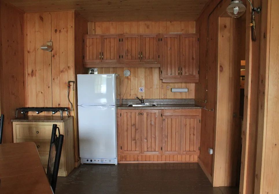 La cuisine équipée du chalet comprend un réfrigérateur, un évier et une cuisinière au gaz.