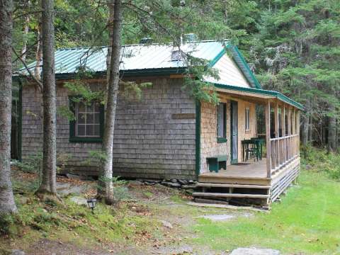 Vue latérale du chalet Champagne situé en forêt avec sa véranda aménagée.