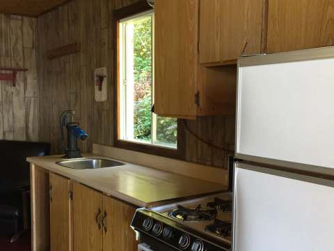 The Benson cabin kitchen features a stove, a refrigerator, and a sink.