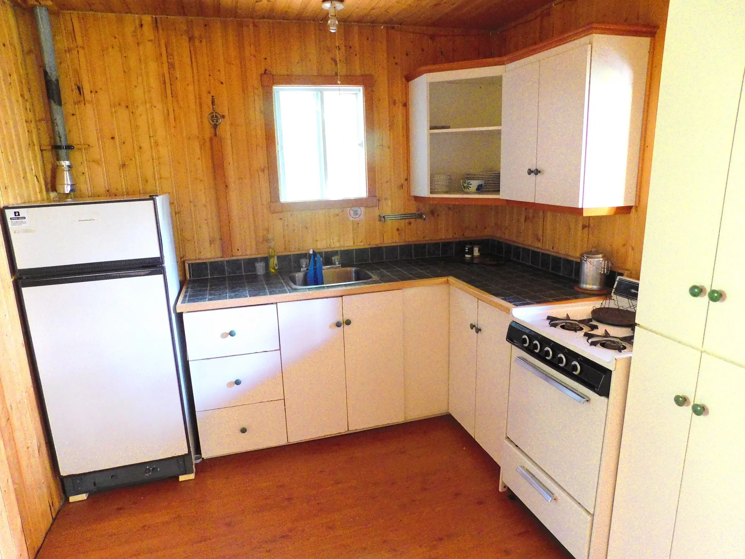 The cabin's equipped kitchen features a refrigerator, stove, and a functional sink.