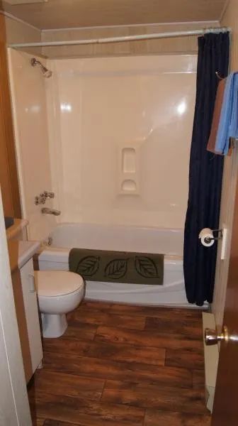 Cette salle de bain est équipée d'une baignoire avec douche et d'une toilette.