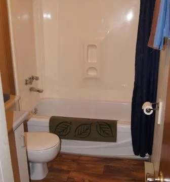 Cette salle de bain est équipée d'une baignoire avec douche et d'une toilette.