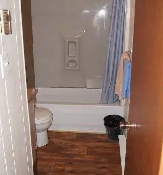 This bathroom is equipped with a bathtub with shower and a toilet.