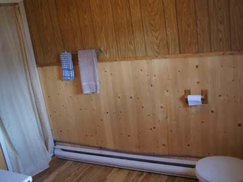 The cottage bathroom includes a shower and a toilet with wood panelled walls.
