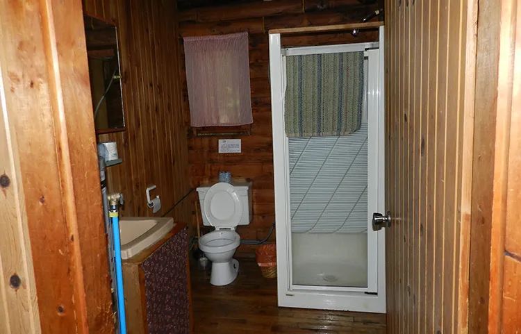 La salle de bain du chalet comprend une toilette, un lavabo et une cabine de douche.