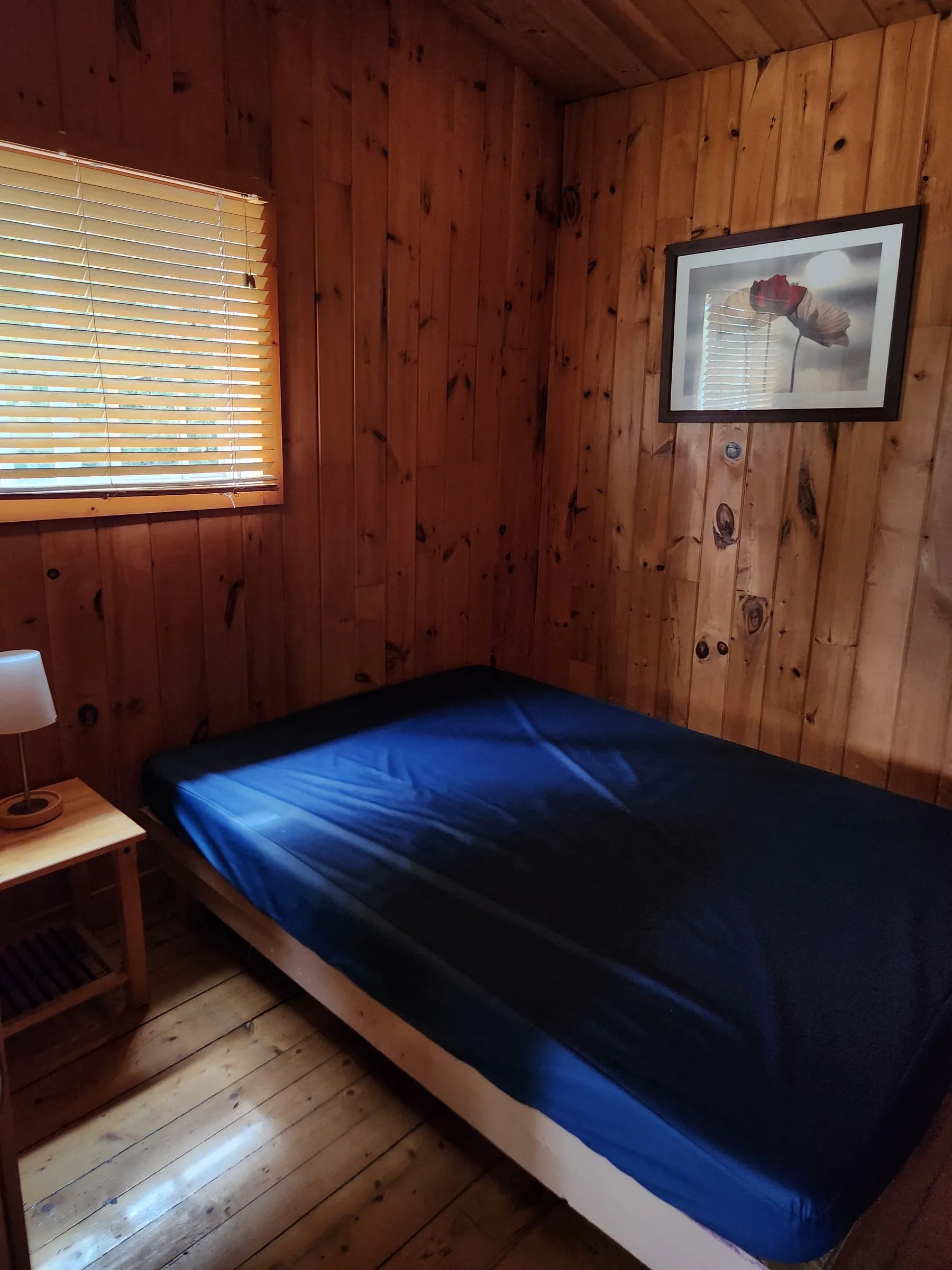 Overhead view of the cabin bedroom featuring a bed and natural wood walls.