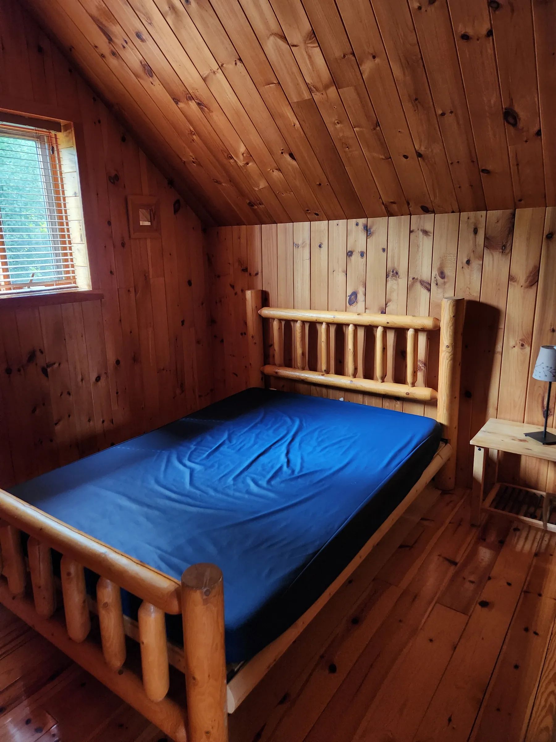 High angle view of the cabin's wooden bed.