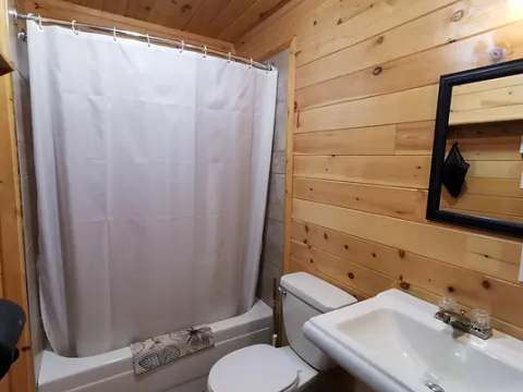 View of the cottage bathroom featuring natural wood walls and a bathtub with shower.