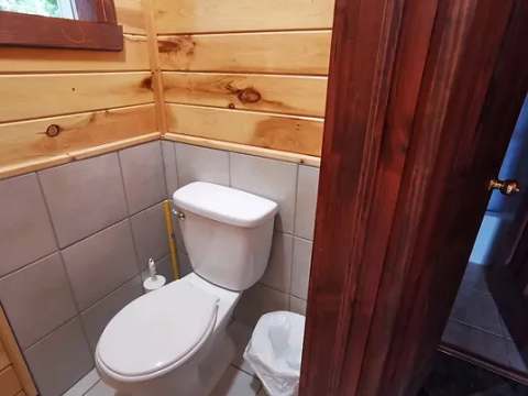 View of the functional bathroom with wood and ceramic walls inside the cabin.