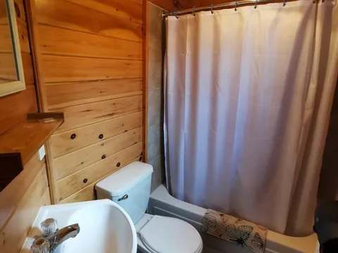 La salle de bain du chalet comprend une douche avec bain et un lavabo.
