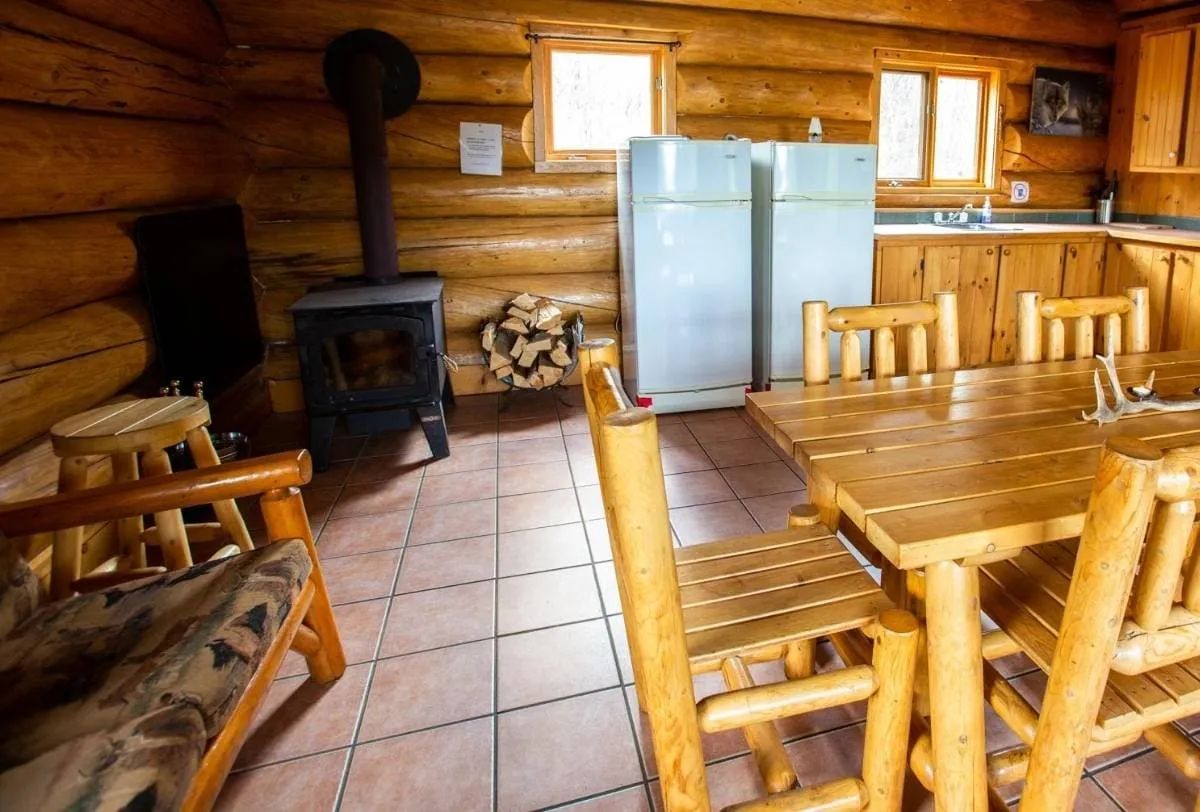 Kitchenette and dining area with a wood stove in the log cabin.