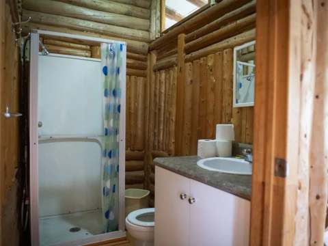 La salle de bain du chalet dispose d'une douche et d'un lavabo avec comptoir.