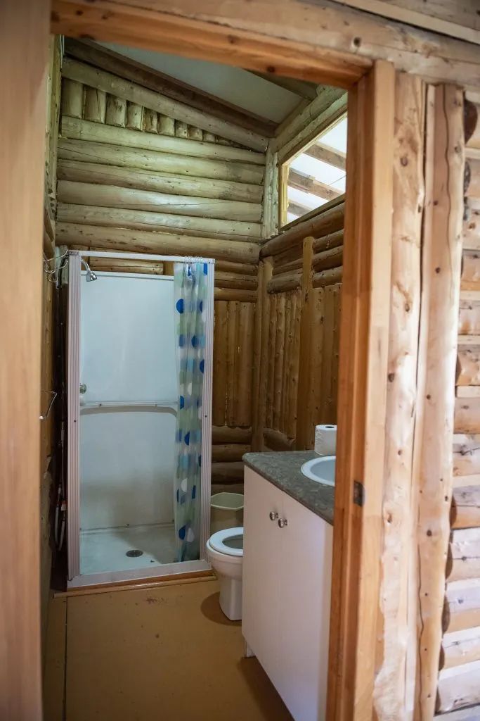 La salle de bain du chalet comprend une douche et un lavabo encastré dans une structure en bois rond.