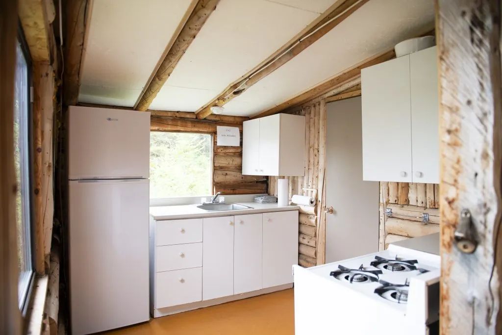 La cuisine fonctionnelle du chalet est équipée d'un réfrigérateur et d'une cuisinière.