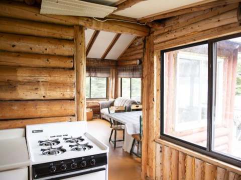 Vue sur la cuisine et l'espace de vie principal du chalet.