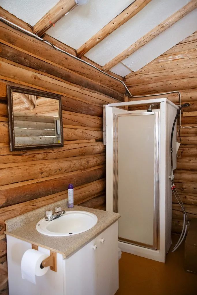 La salle de bain du chalet dispose d'une douche et d'un lavabo intégrés dans un décor en bois rond.