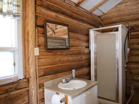 La salle de bain du chalet comprend une douche et un lavabo intégrés dans un décor en bois rond.