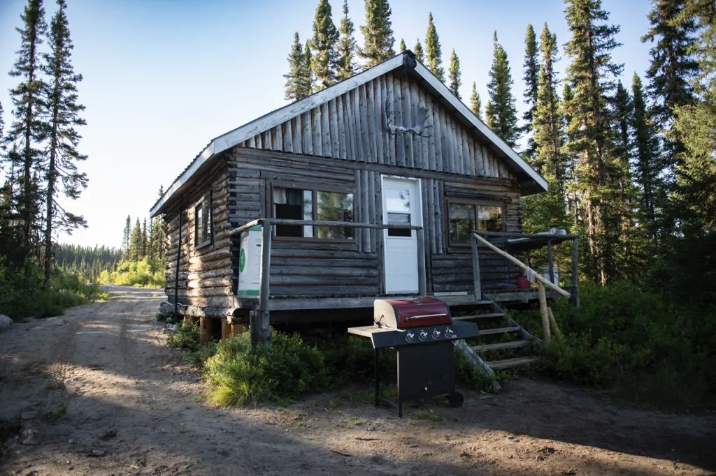 Le chalet numéro 5 offre une façade en bois rustique avec un barbecue extérieur à disposition.