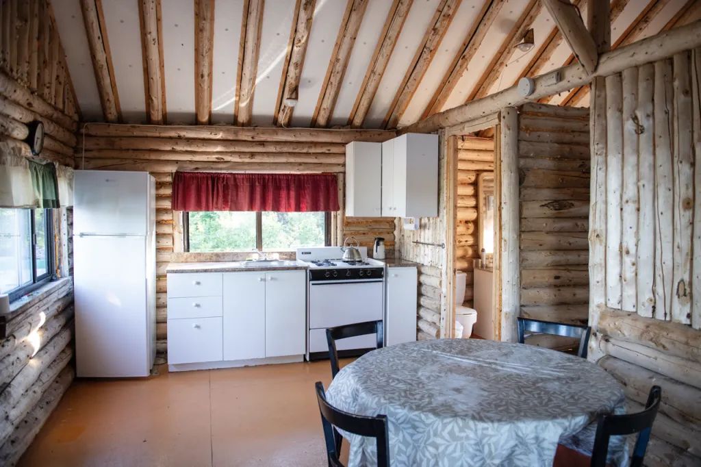 La cuisine équipée et l'espace repas du chalet numéro cinq.