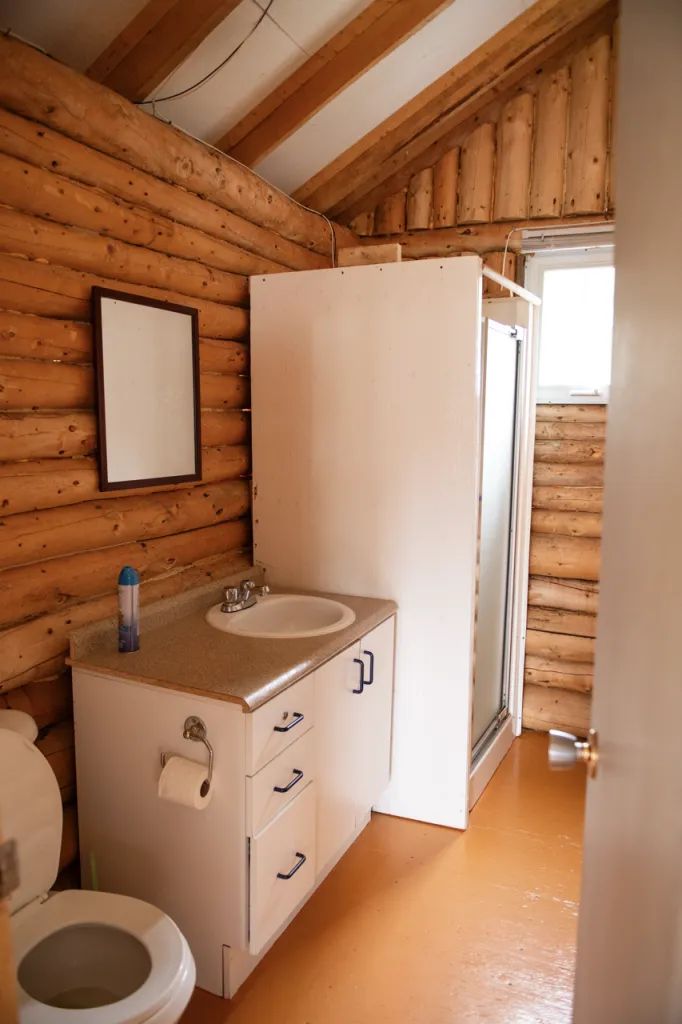 Cette salle de bain fonctionnelle avec douche et lavabo se trouve dans le chalet.