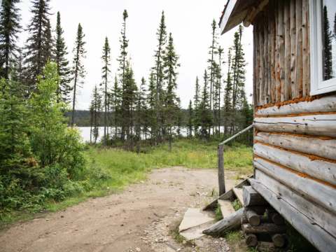Vue latérale du chalet avec accès extérieur et proximité de la forêt.