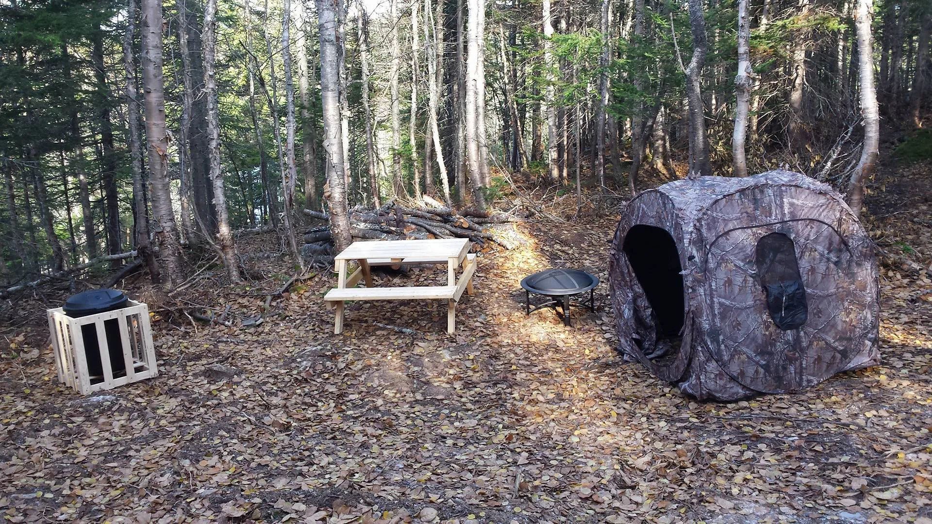 A rustic campsite equipped with a tent, a picnic table, and an outdoor fire pit.