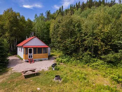 Le chalet numéro 1 est entouré d'une forêt dense et dispose d'une table à pique-nique et d'un foyer.