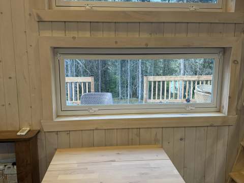 View of the forest from the wooden table inside cabin 8.
