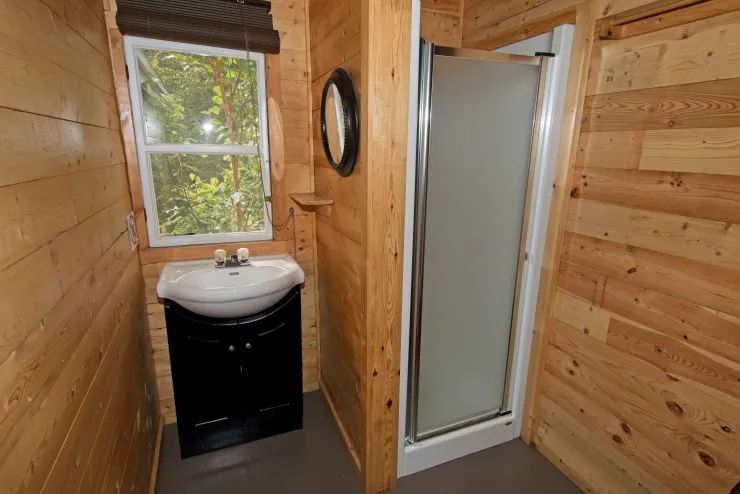Cette salle de bain de chalet comporte un lavabo et une douche fermée.