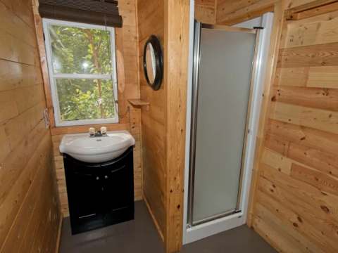 Cette salle de bain de chalet comporte un lavabo et une douche fermée.