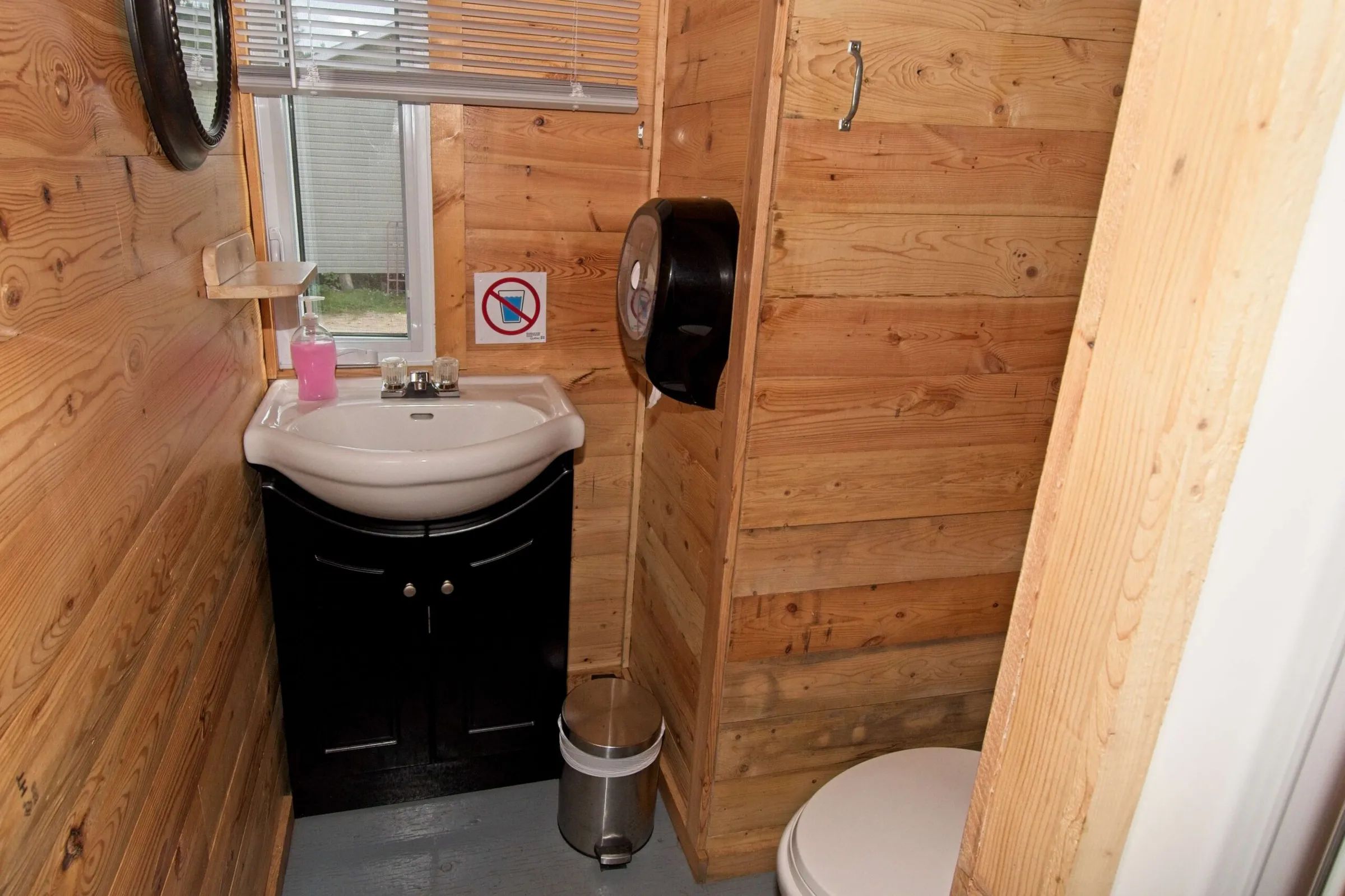 Vue de la salle de bain fonctionnelle avec lavabo et toilette dans le chalet.