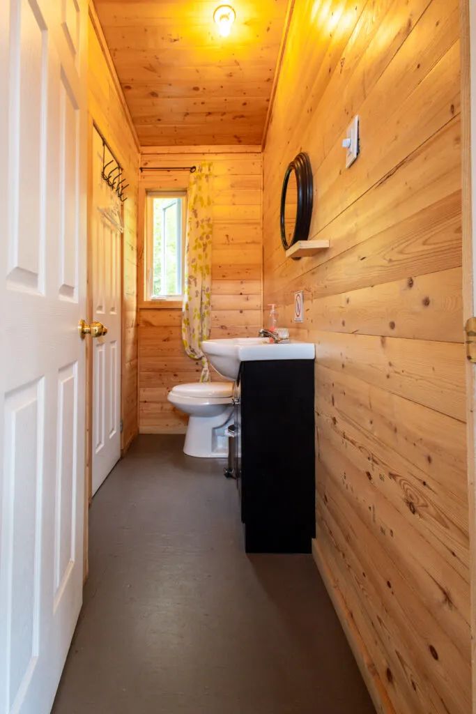 Vue de la salle de bain du chalet, équipée d'un lavabo et d'une toilette.